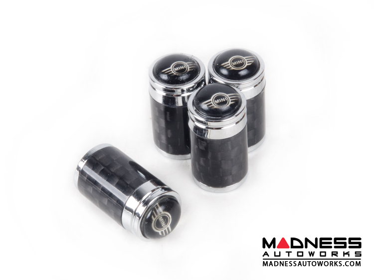 MINI Valve Caps (4) - V3 - Carbon Fiber w/ MINI Logo